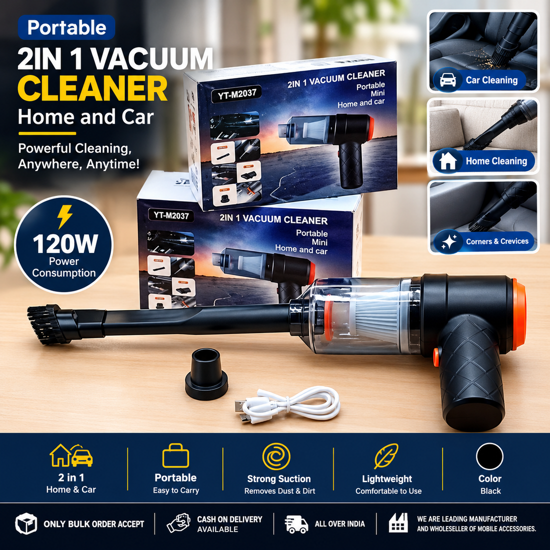 Portable Mini 2-in-1 Home and Car Vacuum Cleaner, 120 Watts