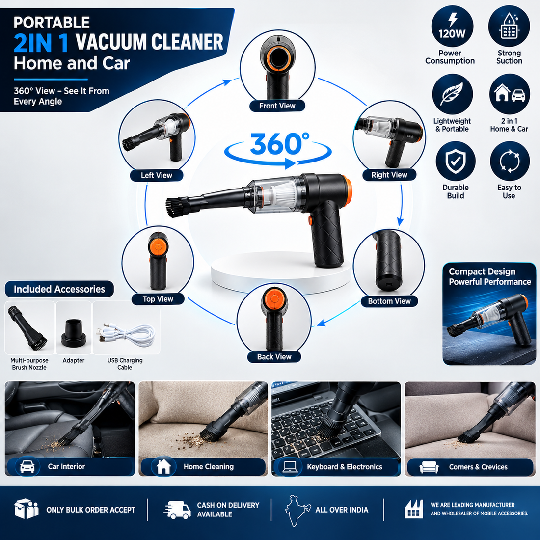 Portable Mini 2-in-1 Home and Car Vacuum Cleaner, 120 Watts